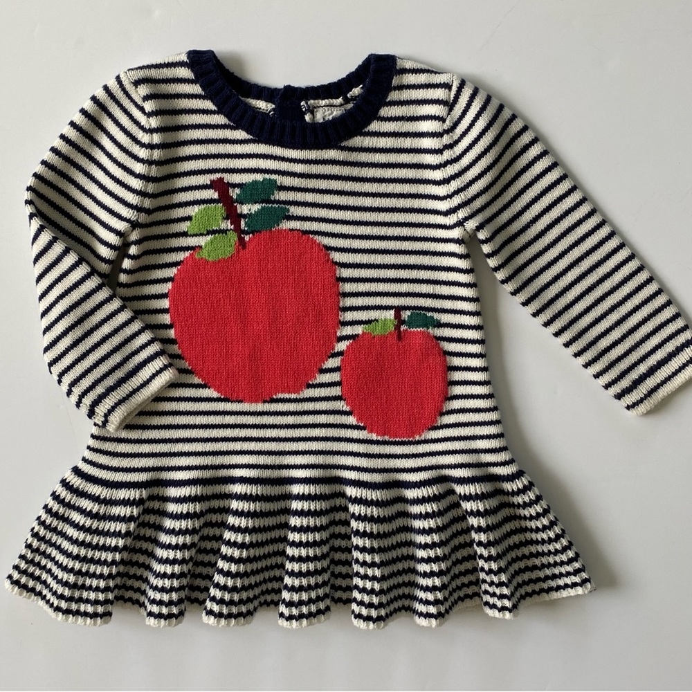 Gap dress size 6 12 Months Knit Apples Ruffle Striped Bottom Baby Girls Blue EUC
